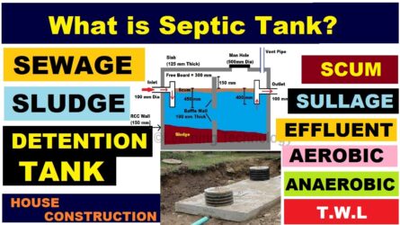 What is Septic tank, Effluent, Scum, Sewage, Detention Tank, Aerobic and Anaerobic Bacteria