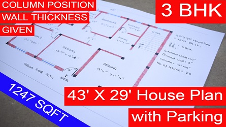 43 x 29 House Design with Parking || 43 x 29 Ghar ka Nakha || 3 BHK House plan