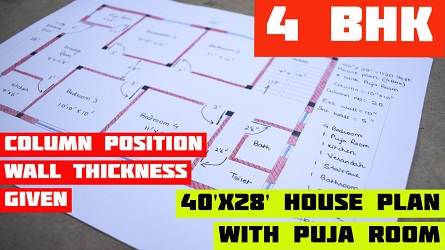 40 x 28 House plan with Puja Room || 4 BHK House Design || 40 x 28 Ghar ka Naksha
